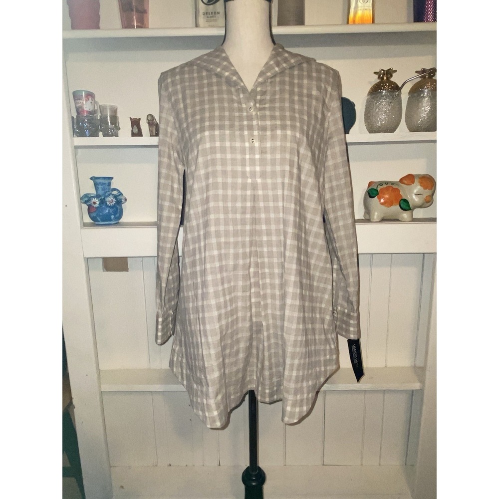 Lafayette 148 Khaki Plaid Tunic Cotton Wool Linen Blend Size P NEW